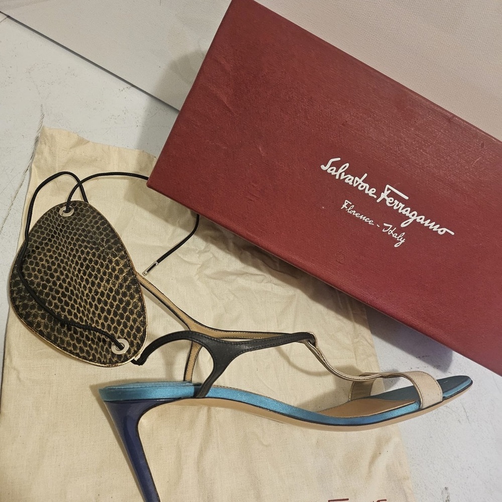 Salvatore Ferragamo Multicolor Leather & Snakeskin Slingback Heels - Picture 3 of 8